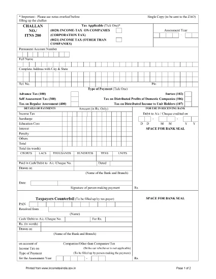 ITD Form ITNS-280 Índia