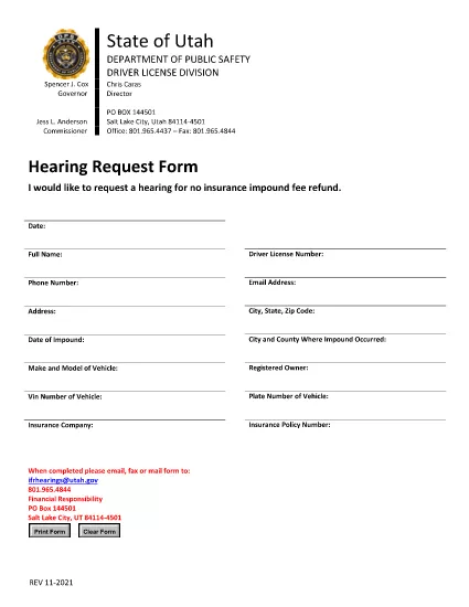 Impound Hearing Request Form Utah