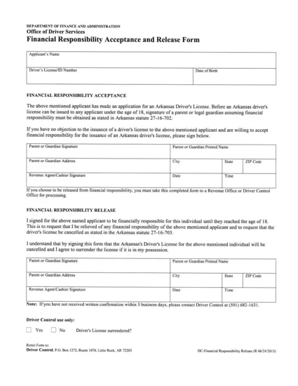 Financial Responsibility Acceptance and Release Form