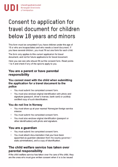 Noruega Documento de viaje Solicitud para niños/niños