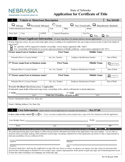 Nebraska Certificate of Title Application