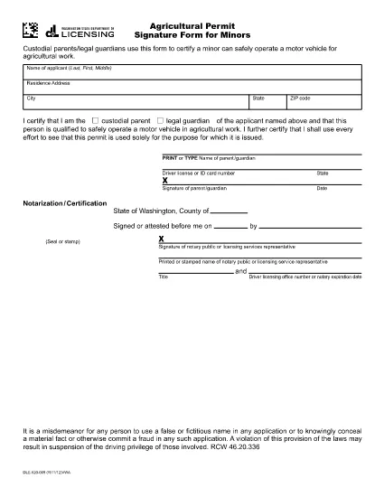 Formulário de Assinatura de Permissão Agrícola para Menores | Washington