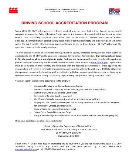 DC kötelező járművezetői oktatás - Driving School Accreditation Application