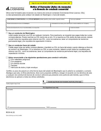Lizenz für kommerzielle Fahrer von Surrender | Washington (Spanisch)