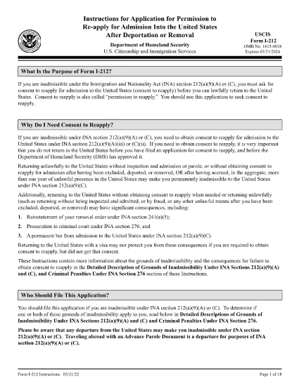 Instruksi untuk Formul 212, Aplikasi untuk Izin Kembali Dilaksanakan untuk Penyerahan Masuk ke Amerika Serikat Setelah Deportasi atau Pembuangan