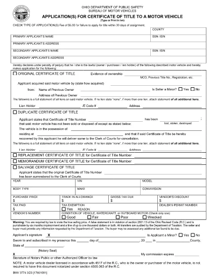 Formulário BMV 3774 Ohio