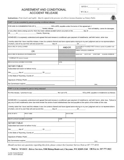 Accident Conditional release Form   Wyoming