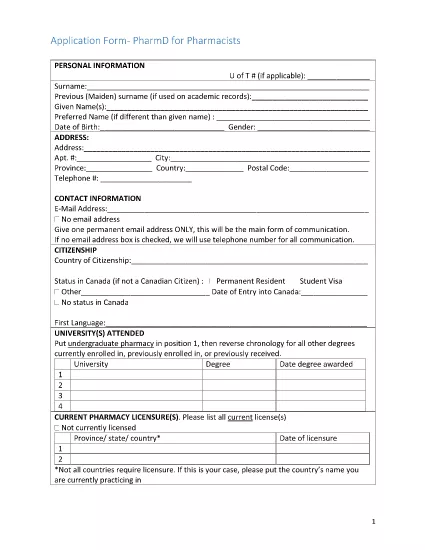 Formulario de solicitud para Pharm D for Pharmacists