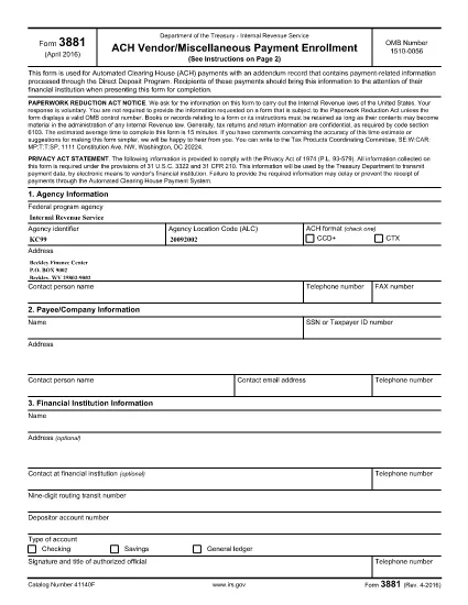 Form 3881, ACH Sälj Miscellan Betalningsinskrivning