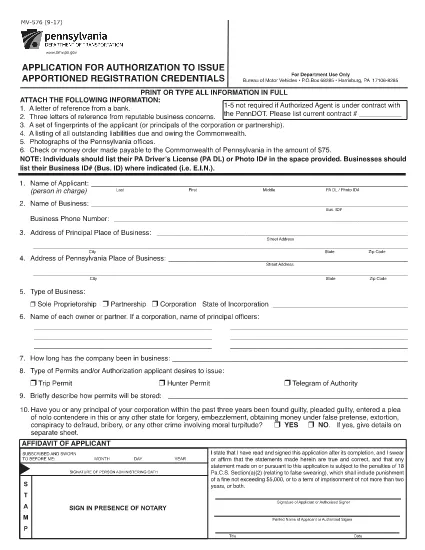 Formulário MV-576 Pensilvânia