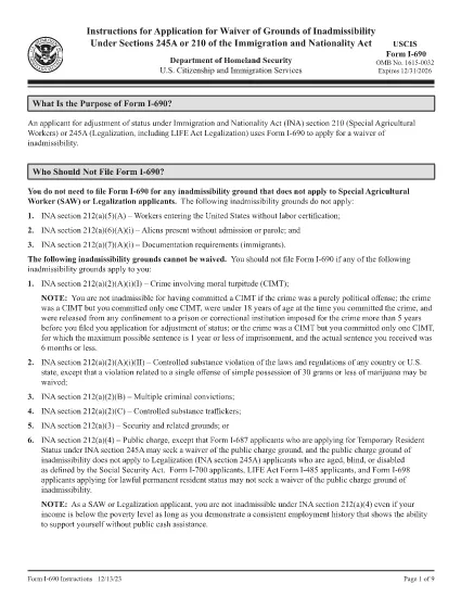 Instructions for Form I-690, Application for Waiver of Grounds of Inadmissibility Under Sections 245A or 210 of the Immigration and Nationality Act