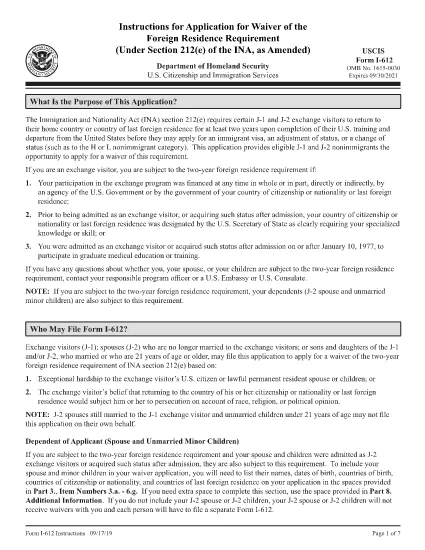 Instrucciones para el formulario I-612, Solicitud de exención del requisito de residencia extranjera (bajo la sección 212(e) del INA, como enmendado