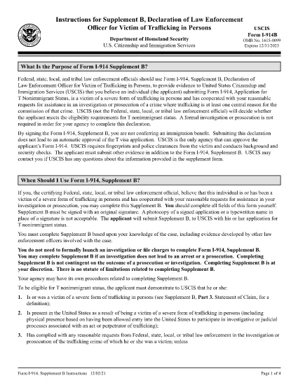 Instruktioner för formulär I-914, Tillägg B, Förklaring av brottsbekämpande organisatör för offer för människohandel