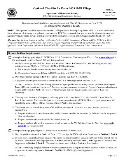Formulaire M-1087, Liste de contrôle facultative pour les dépôts du formulaire I-129 H-2B