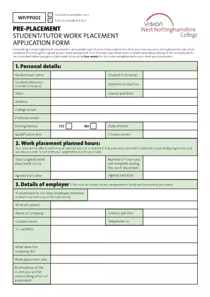 Tutor Work Place Application Form