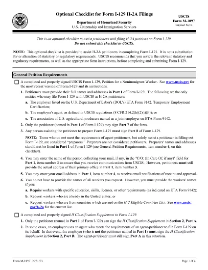 Formular M-1097, Optionale Checkliste für Formular I-129 H-2A Filings