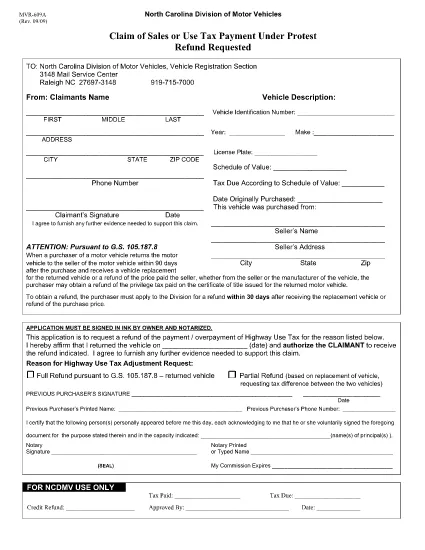 Formulário MVR-609A Carolina do Norte