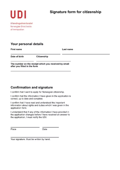 Nórsko podpisový formulár pre občianstvo