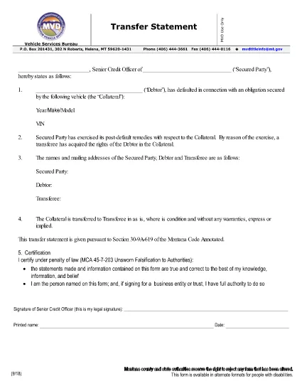 Montana Transfer Statement Form