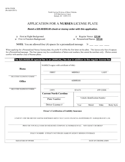 Formulário MVR-27NUR Carolina do Norte