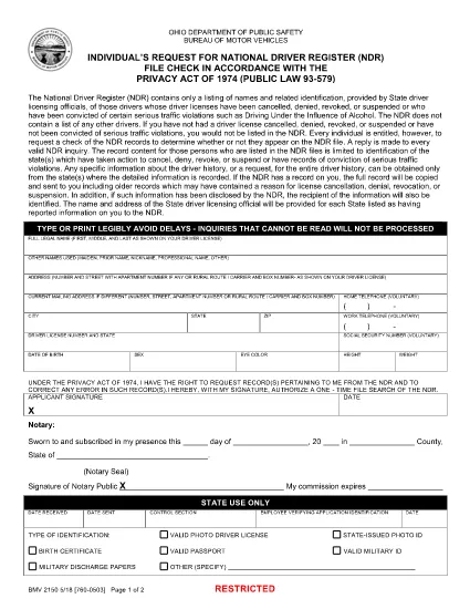 BMV Form 2150 Ohio