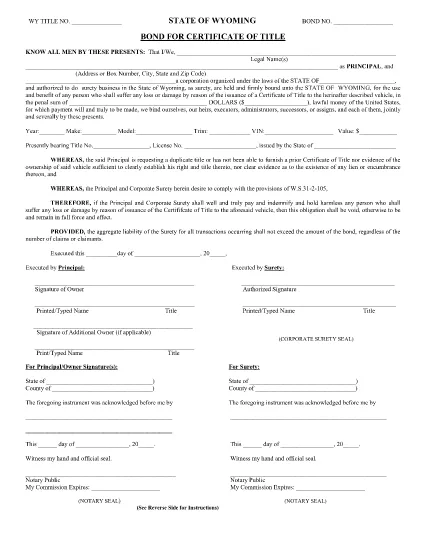 Bond form for Surety Company Use Wyoming