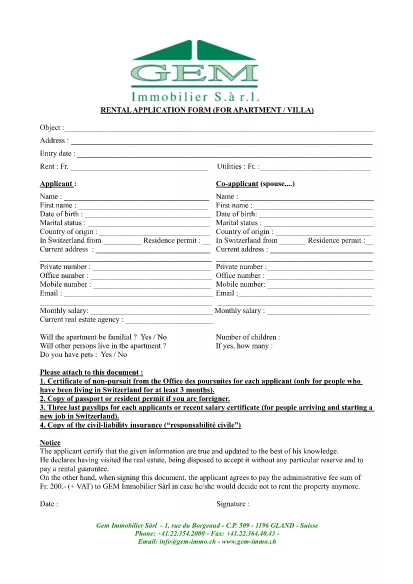 דירה ו- Villa Rental Application Form
