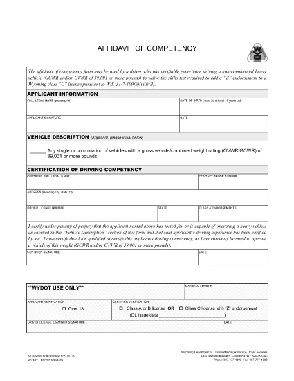 Affidavit of Competency | Wyoming