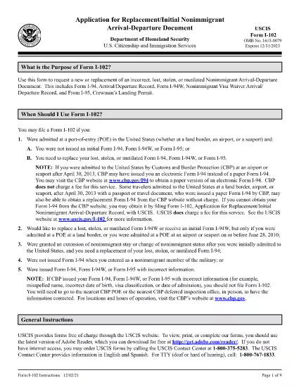 Istruzioni per il modulo I-102, Applicazione per la sostituzione / nonimmigrante iniziale Documento di arrivo-dipartimento