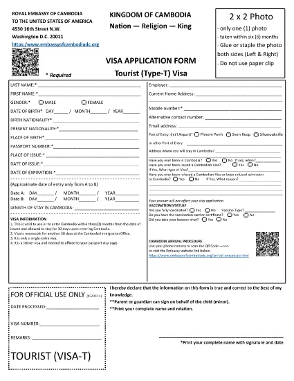 Kamboçya Tourist Visa Form
