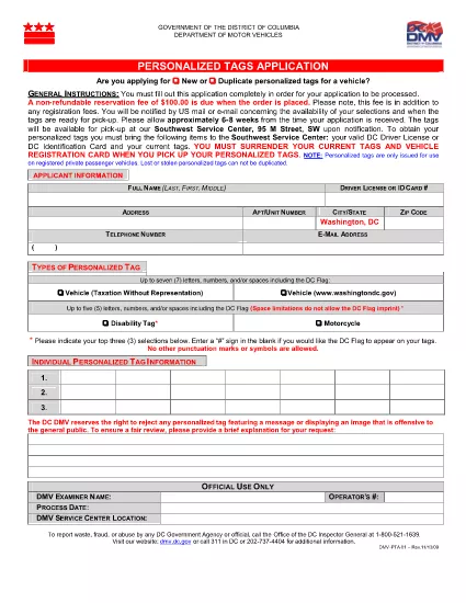 Form DMV-PTA-01 Distrik Columbia