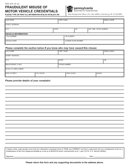 Form RMO-1VR Pennsylvania