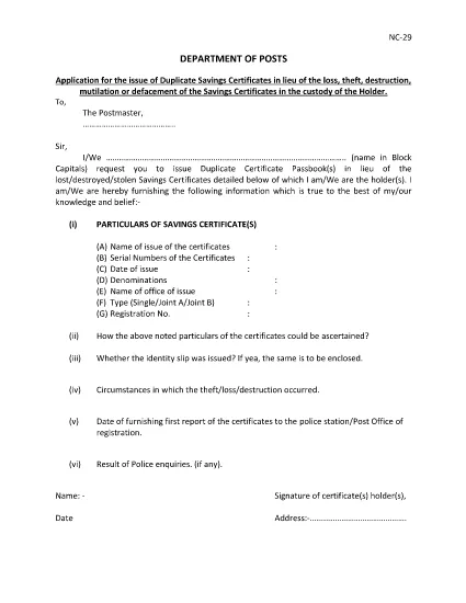 Dipartimento indiano di Posts - Applicazione per il rilascio dei certificati di risparmio duplicati