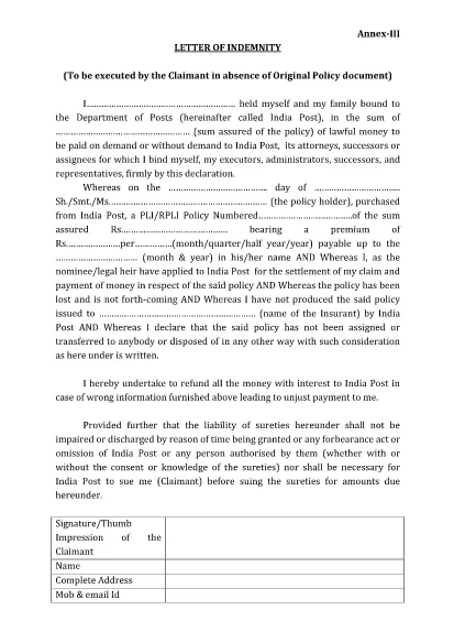 Indian Department of Posts - Personal Bond of Indemnity for Death Claim