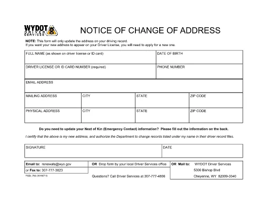 Meddelelse om ændring af Adresse| Wyoming