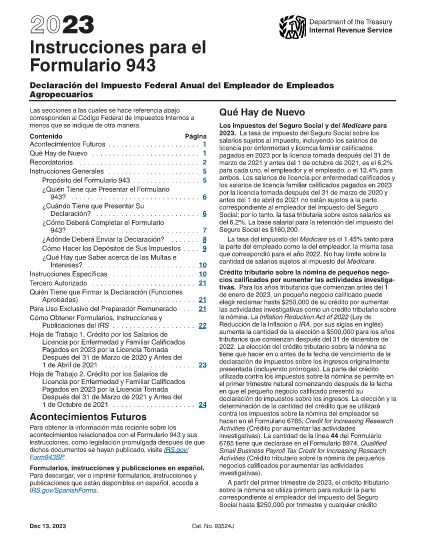 Form 943 Instruções (versão espanhola)