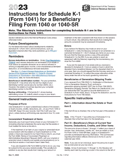 Formulir 1041 Petunjuk - Petunjuk K-1 Jadwal Jadwal K-1