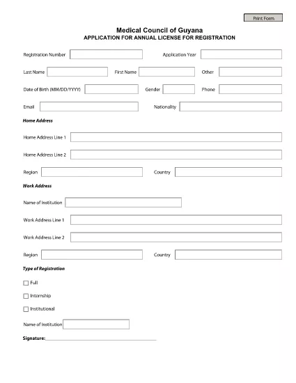 Guayana Roční registrační formulář