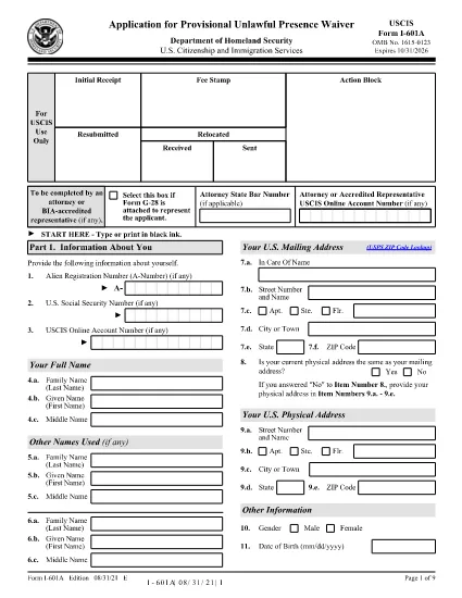 Form I-601A, Application for Provisional Unlawful Presence Waiver