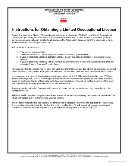 Instruction pour l'obtention d'une licence professionnelle limitée District of Columbia