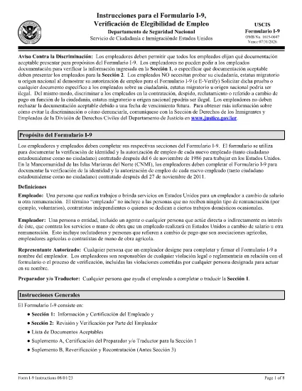 Instructions pour le formulaire I-9, Vérification de l'admissibilité à l'emploi (version espagnole)