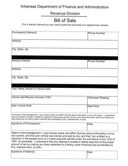 Bill of Sale (Credit for Vehicle Sold) in Arkansas