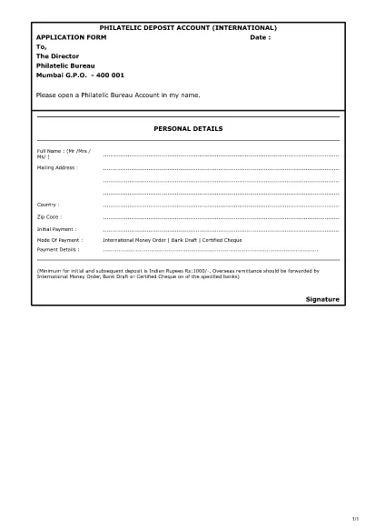 Indian Philatelic Deposit Account Application Formulär