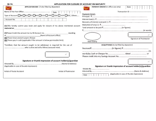 Indické oddělení pošty - formulář žádosti o uzavření účtu o splatnosti