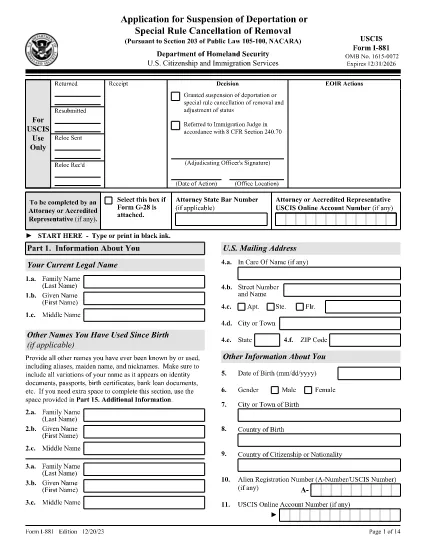 Form I-881, Application for Suspension of Deportation or Special Rule Cancellation of Removal