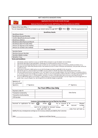 Indian Department of Posts - Saving Bank NEFT and RTGS Mandátový formulář