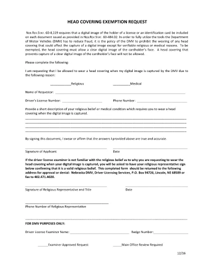 Head Covering Exemption Form in Nebraska