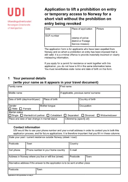 Norway Application to lift a prohibition on entry