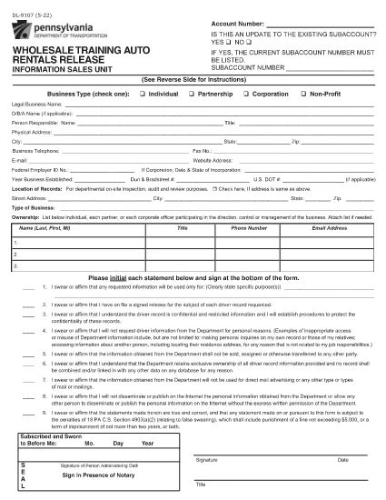 Form DL-9107 Pennsylvania