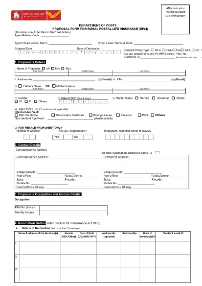 Indian Proposal Form for Rufal Postal Life Insurance (RPLI)